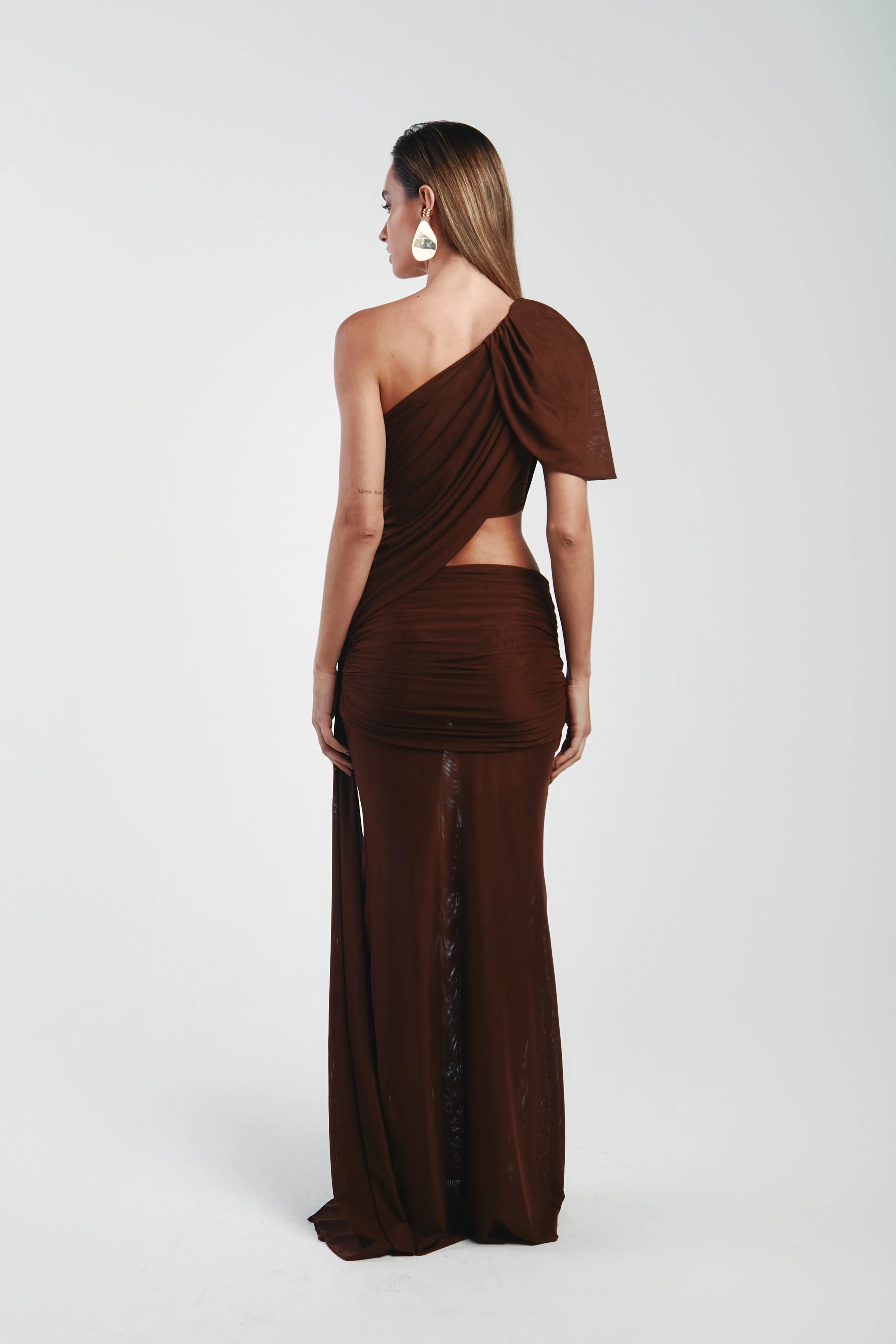 Asymmetrical Shoulder Knit Top & Draped Waist Skirt Set