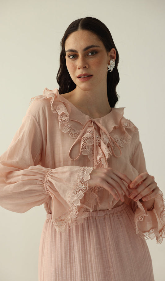 V Neck Lace Panel Ruffled Top
