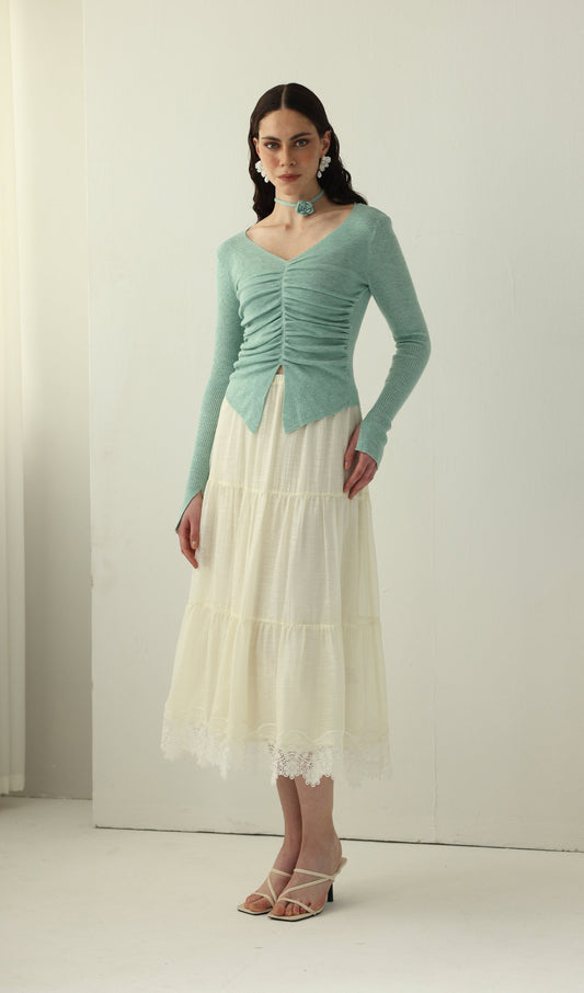 Long Sleeved Lace Panel Midi Skirt