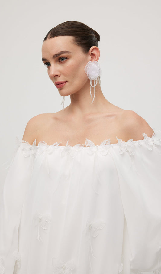 Off Shoulder With Butterfly Embellished Mini Dress