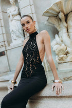 High-Neck Sleeveless Lace-Splicing Ruched-Waist Backless Bodycon Dress