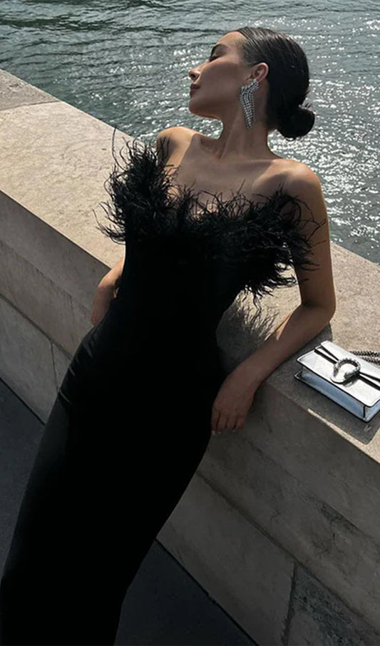 Lena Feather Trimmed Midi Dress Black