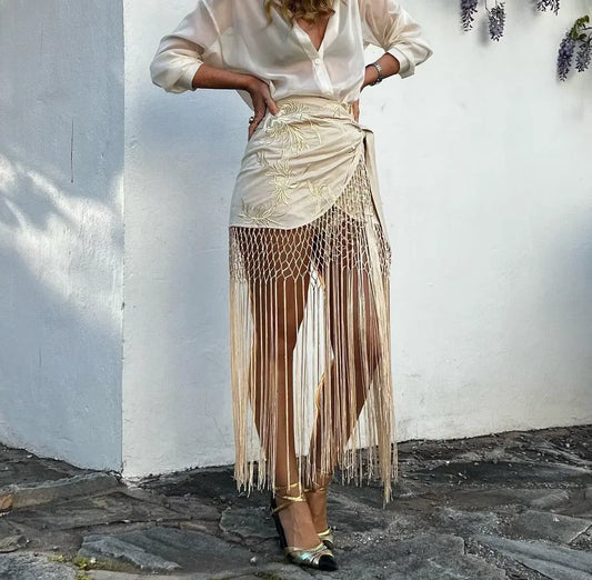 Wrap Style Macramé Fringe Skirt