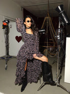 Square-Neck Long-Sleeve Printed Chiffon Tiered Asymmetric-Hem Maxi Dress