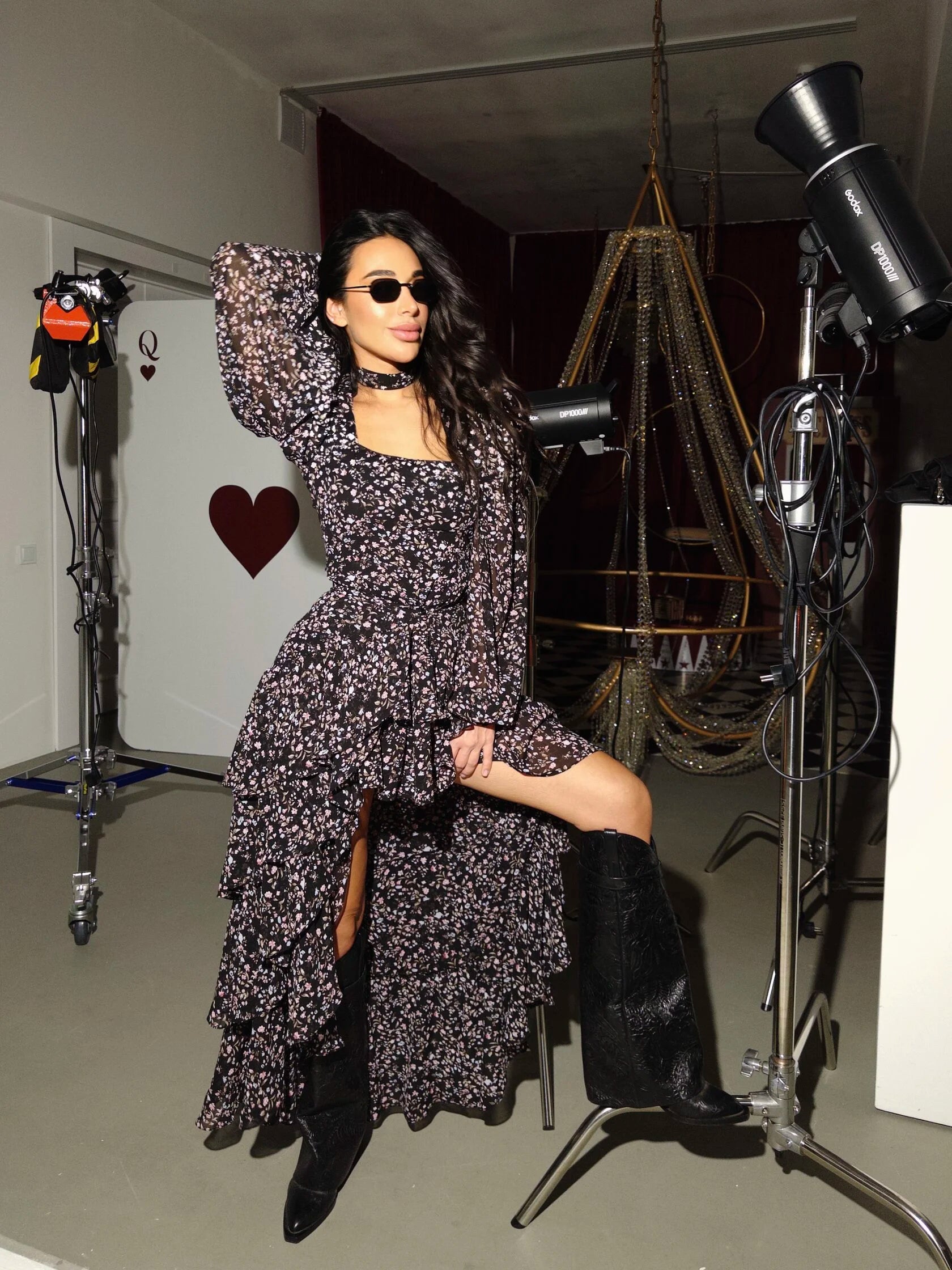 Square-Neck Long-Sleeve Printed Chiffon Tiered Asymmetric-Hem Maxi Dress
