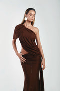 Asymmetrical Shoulder Knit Top & Draped Waist Skirt Set