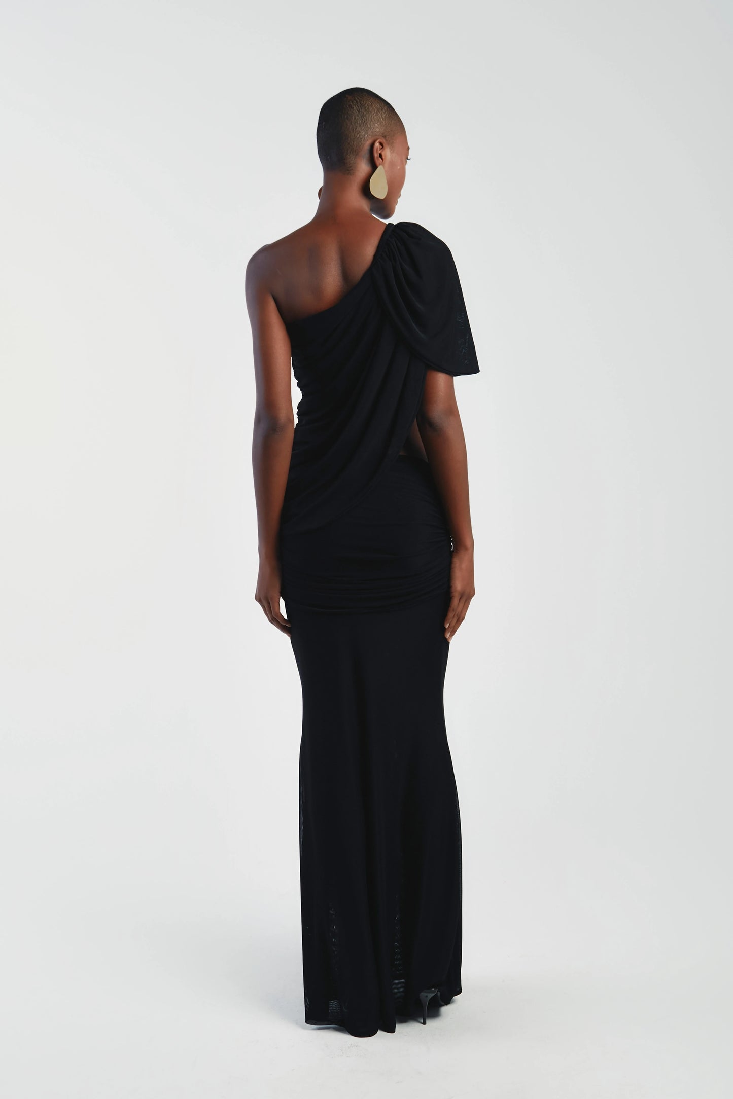 Asymmetrical Shoulder Knit Top & Draped Waist Skirt Set