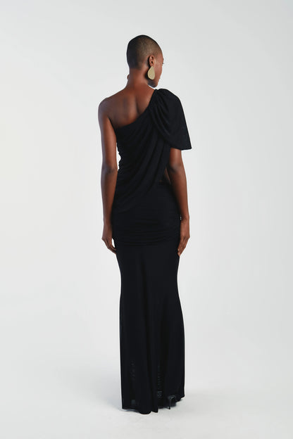 Asymmetrical Shoulder Knit Top & Draped Waist Skirt Set