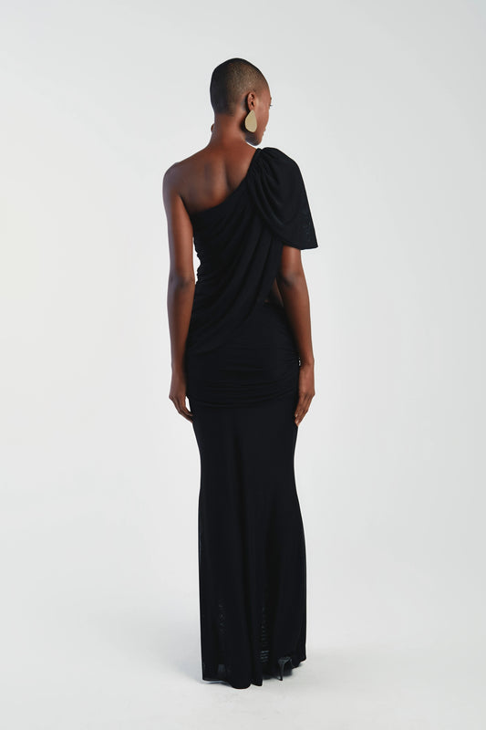 Asymmetrical Shoulder Knit Top & Draped Waist Skirt Set