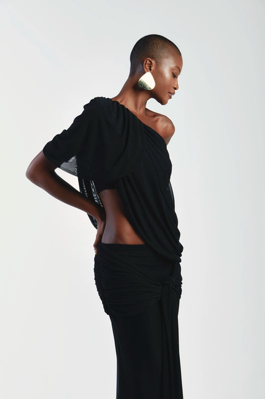 Asymmetrical Shoulder Knit Top & Draped Waist Skirt Set