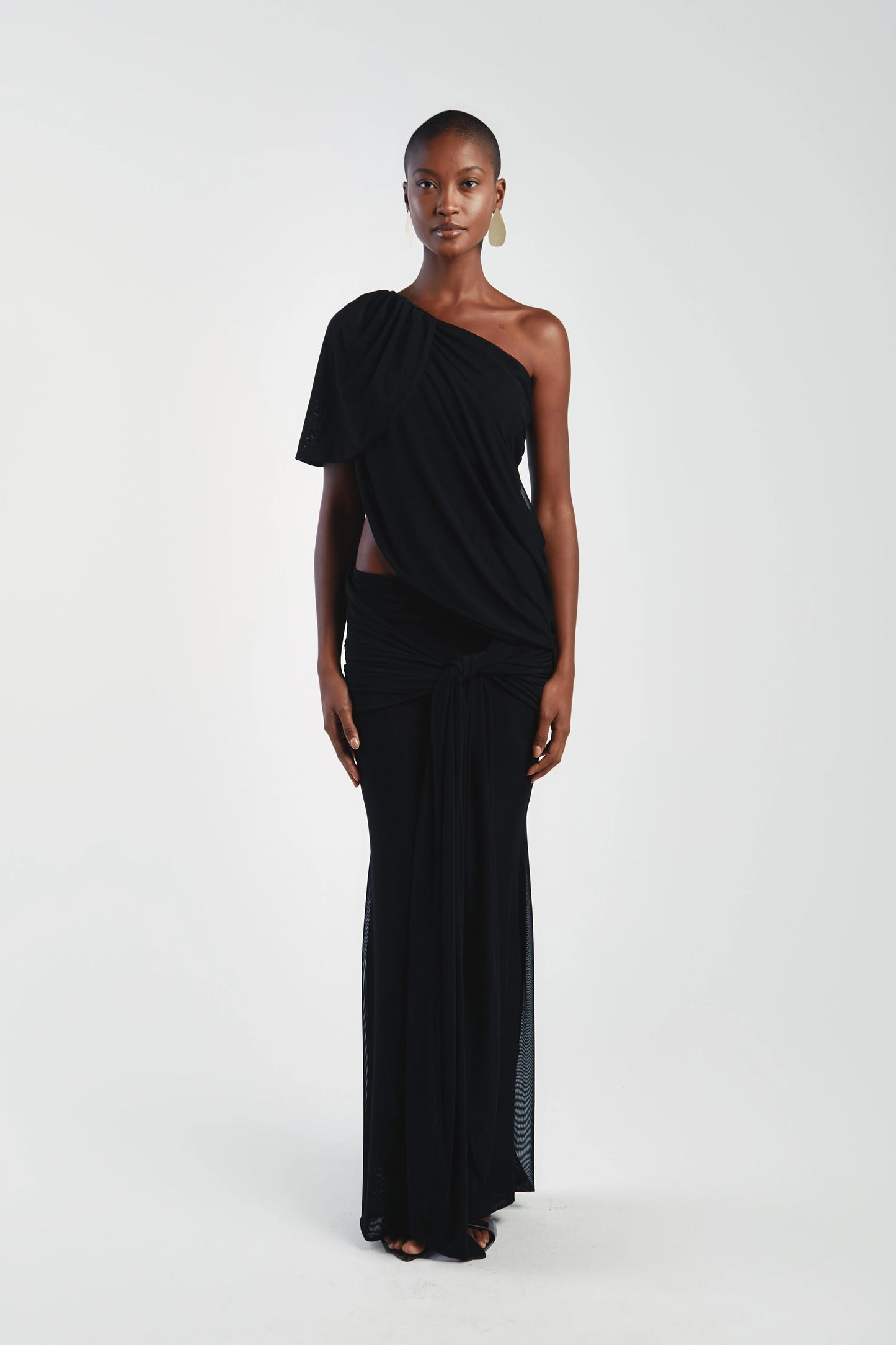 Asymmetrical Shoulder Knit Top & Draped Waist Skirt Set
