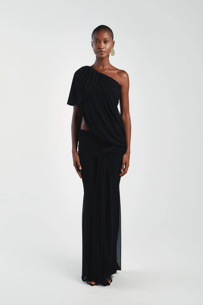 Asymmetrical Shoulder Knit Top & Draped Waist Skirt Set