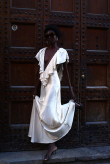 Deep-V Sleeveless Ruffle-Front Satin Maxi Dress
