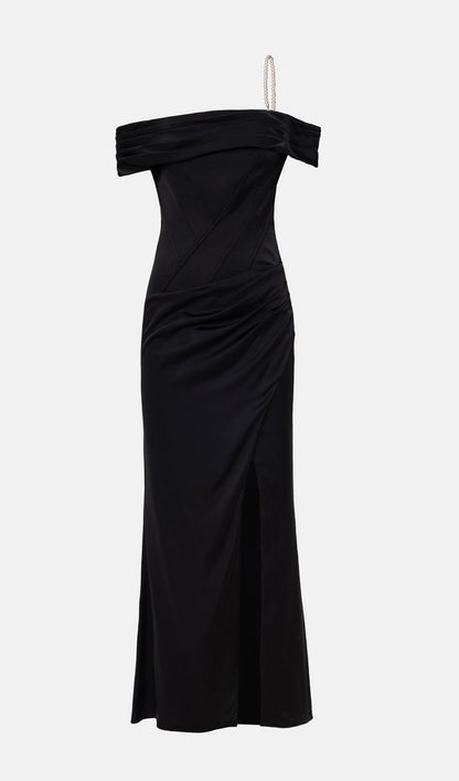 Satin Off Shoulder Diagonal Boning Maxi Dress