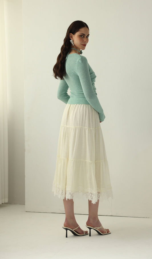 Long Sleeved Lace Panel Midi Skirt