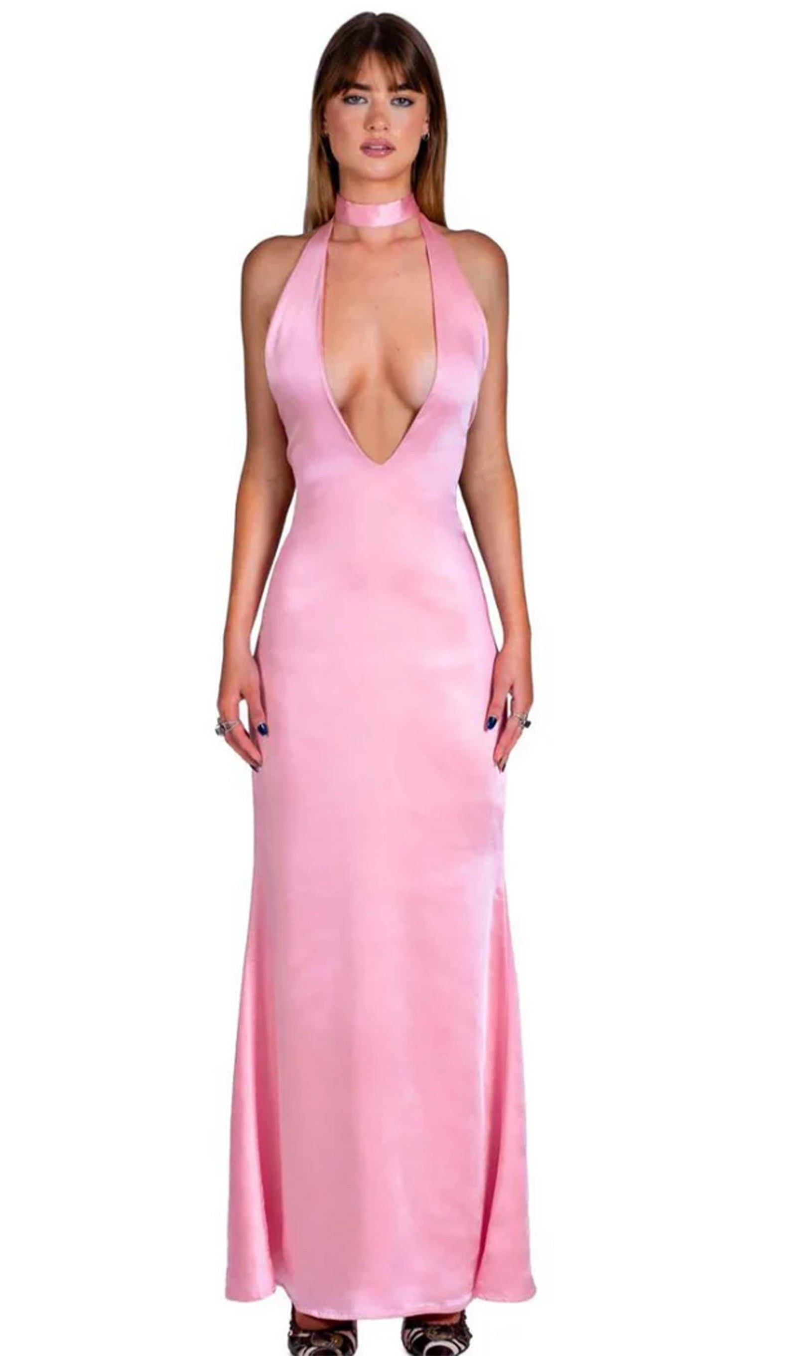 Deep V Neck Satin Maxi Dress