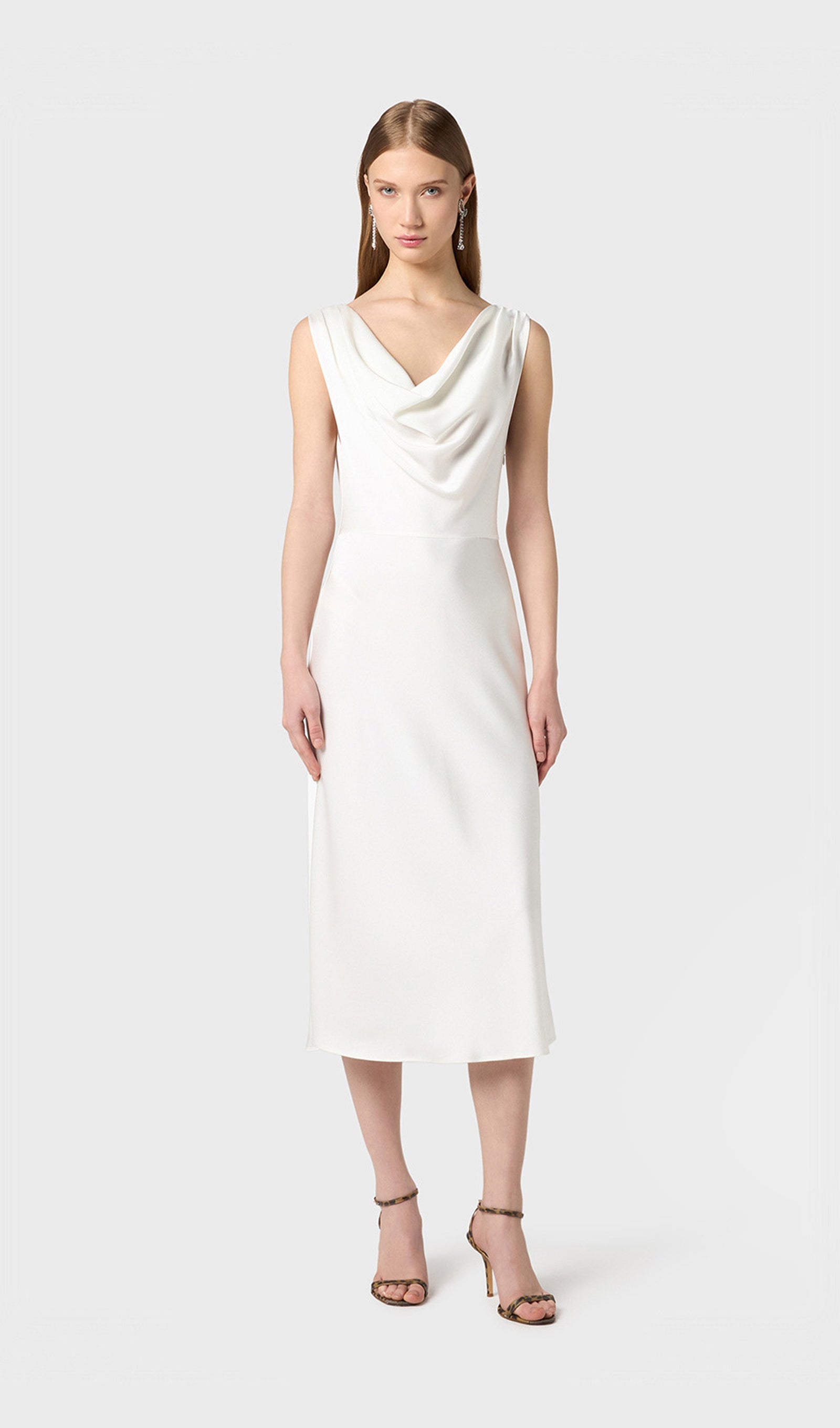 Shiny Satin With Draped Neckline Midi Dress