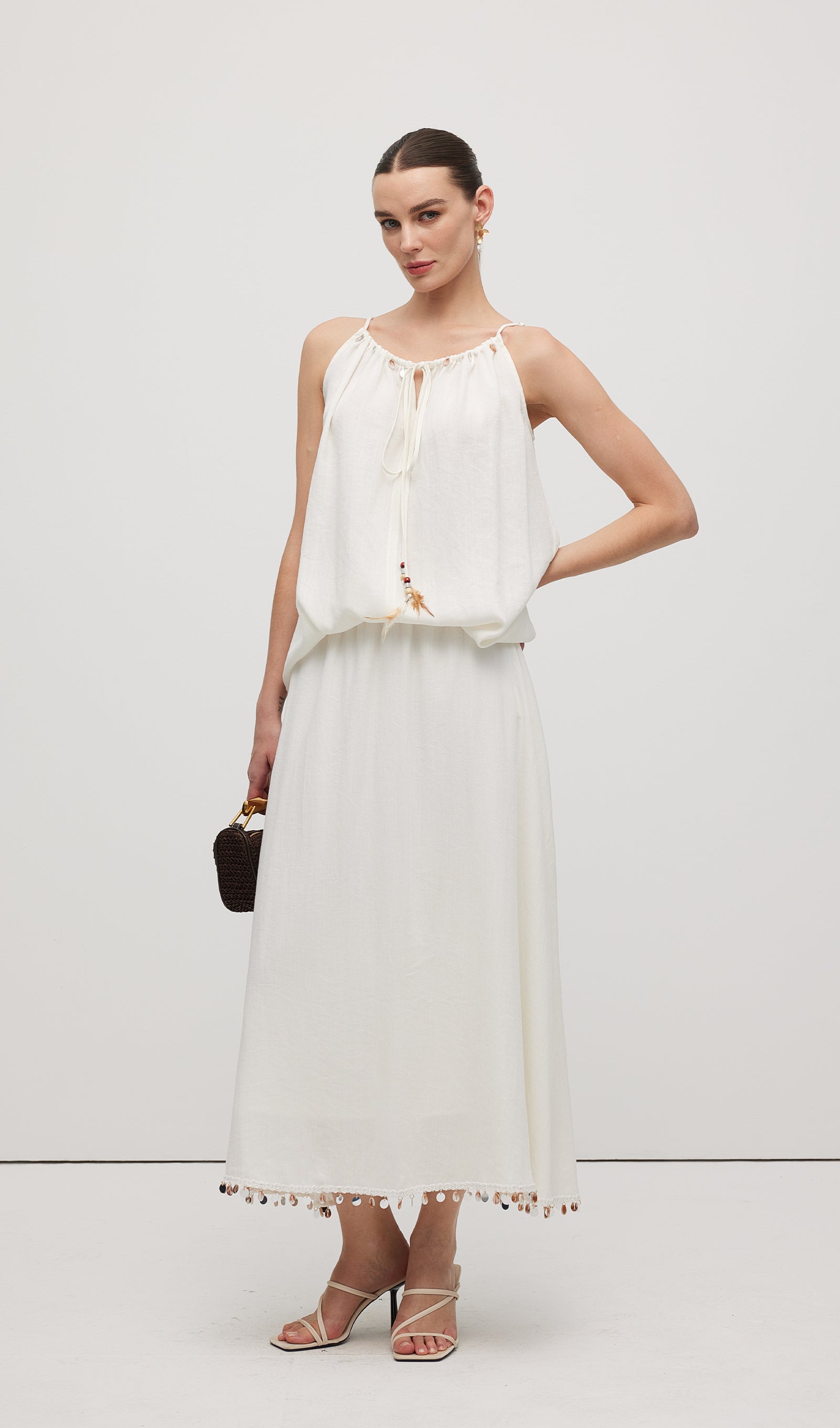 Cotton And Linen Lace Up Midi Skirt Sets