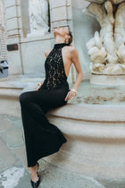 High-Neck Sleeveless Lace-Splicing Ruched-Waist Backless Bodycon Dress