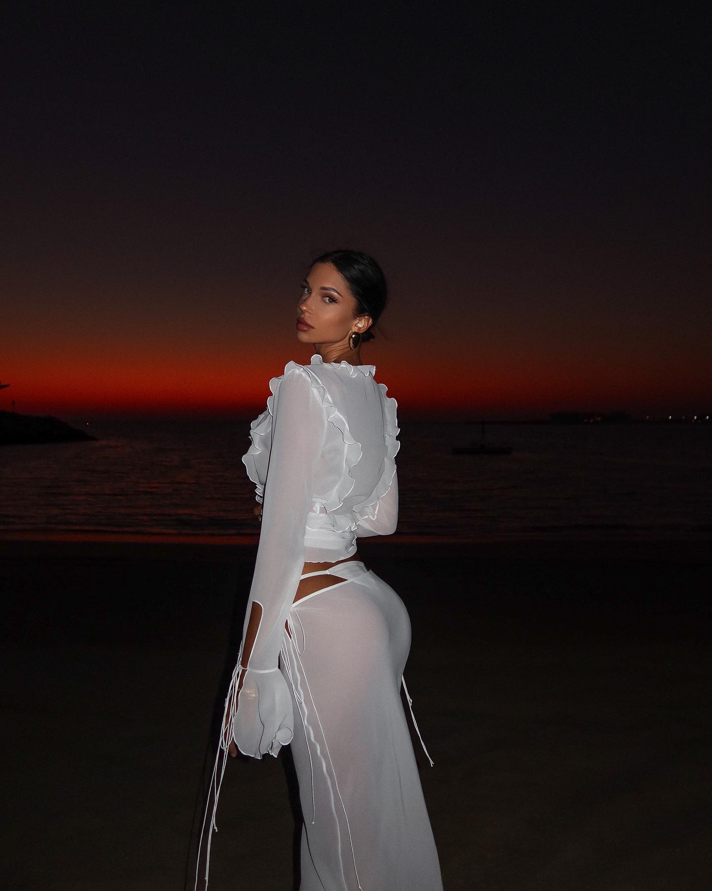 V-Neck Ruffle-Trim Tie-Front Long-Sleeve Cardigan Top with Waist-Tie Chiffon Skirt Two-Piece Set