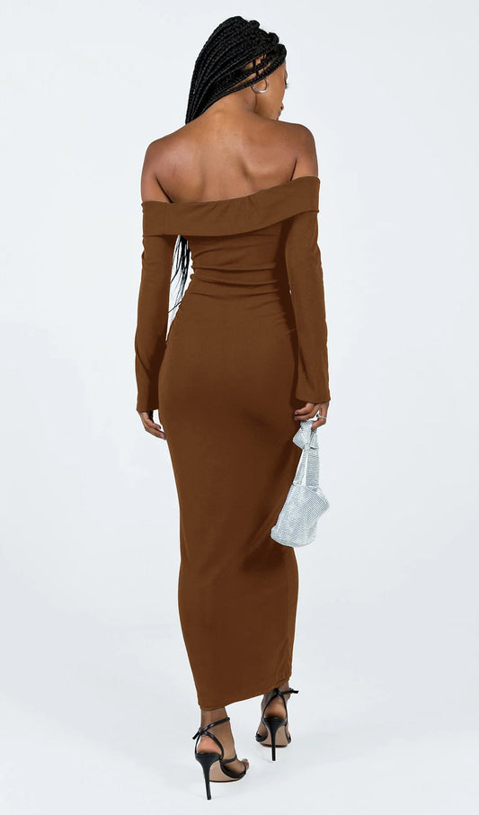 Maida Folded Neckline Maxi Dress Coffee