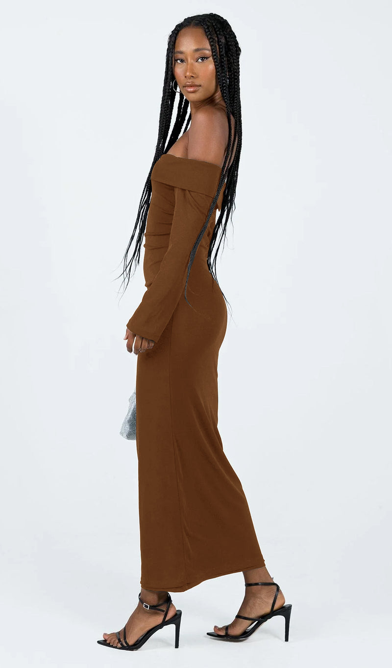 Maida Folded Neckline Maxi Dress Coffee