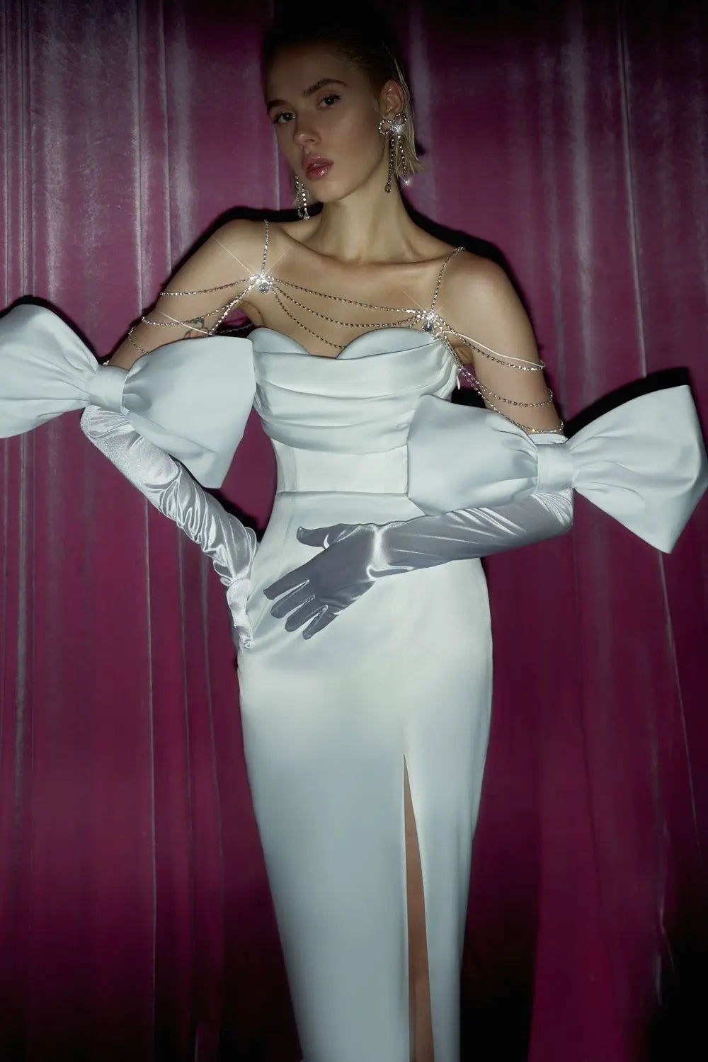 Rhinestone-Strap Bandeau-Style Slit Back-Bow Satin Dress