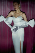 Rhinestone-Strap Bandeau-Style Slit Back-Bow Satin Dress