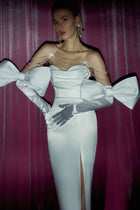Rhinestone-Strap Bandeau-Style Slit Back-Bow Satin Dress