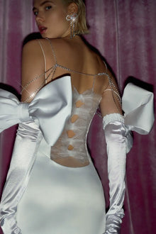 Rhinestone-Strap Bandeau-Style Slit Back-Bow Satin Dress