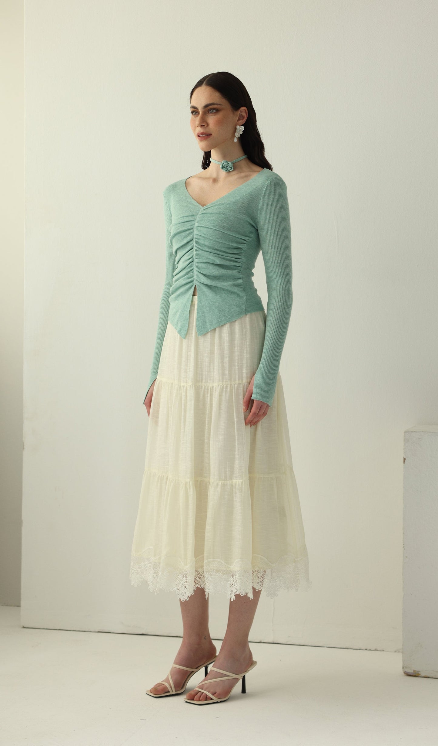 Long Sleeved Lace Panel Midi Skirt