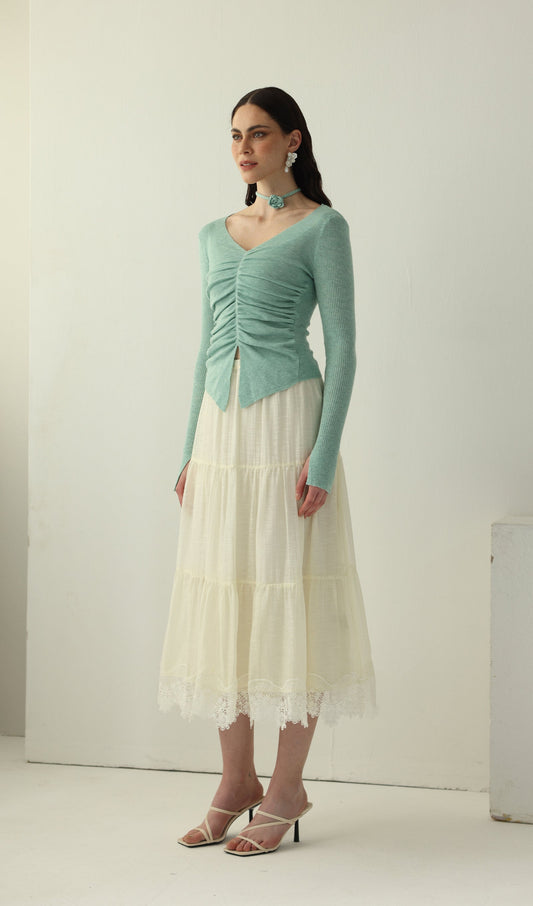 Long Sleeved Lace Panel Midi Skirt