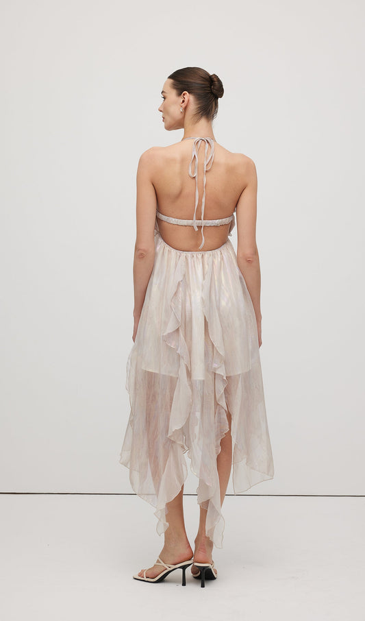 Halter Tulle Pleated Midi Dress