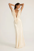 Deep-V Sleeveless Ruffle-Front Satin Maxi Dress