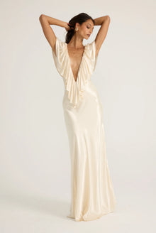 Deep-V Sleeveless Ruffle-Front Satin Maxi Dress