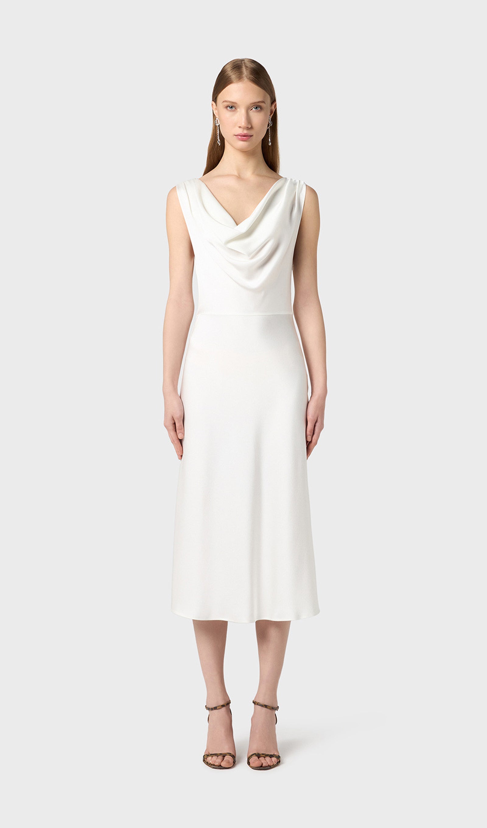 Shiny Satin With Draped Neckline Midi Dress