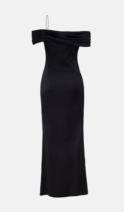 Satin Off Shoulder Diagonal Boning Maxi Dress