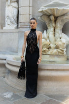 High-Neck Sleeveless Lace-Splicing Ruched-Waist Backless Bodycon Dress