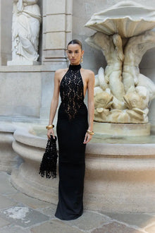 High-Neck Sleeveless Lace-Splicing Ruched-Waist Backless Bodycon Dress