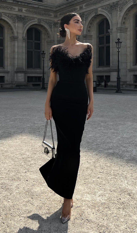 Lena Feather Trimmed Midi Dress Black