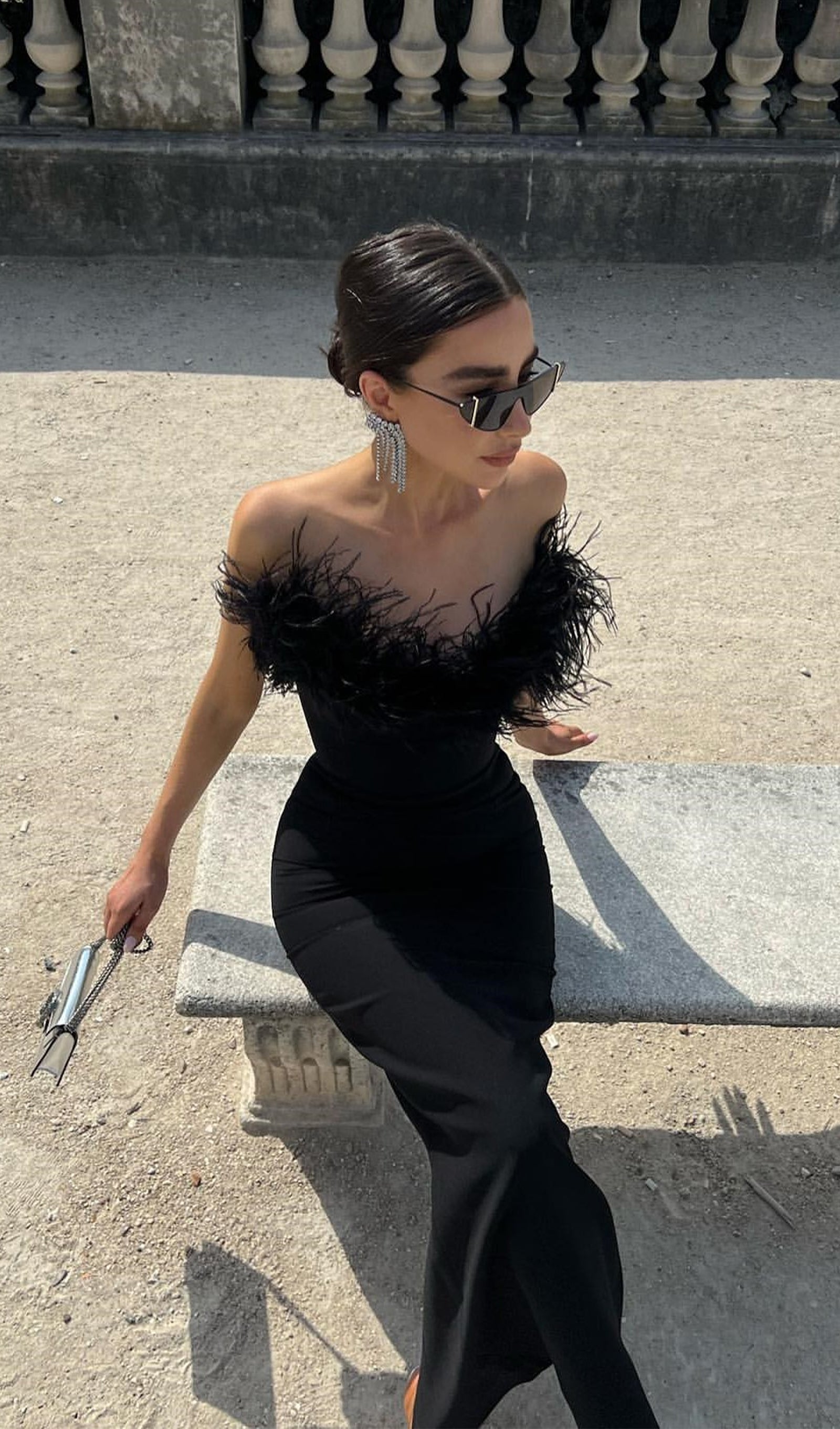 Lena Feather Trimmed Midi Dress Black