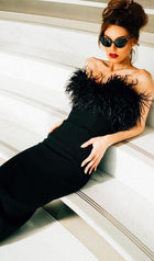 Lena Feather Trimmed Midi Dress Black