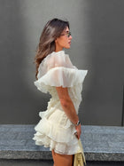 V-Neck Off-Shoulder Layered Ruffled Sleeveless Mini Dress