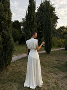 Deep V-Neck Shoulder-Drape Ruched Waist Side-Slit Backless Dress