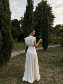 Deep V-Neck Shoulder-Drape Ruched Waist Side-Slit Backless Dress