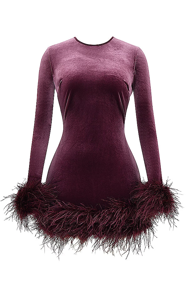 Round-Neck Long-Sleeve Ostrich-Feather Velvet Dress