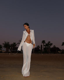 V-Neck Ruffle-Trim Tie-Front Long-Sleeve Cardigan Top with Waist-Tie Chiffon Skirt Two-Piece Set