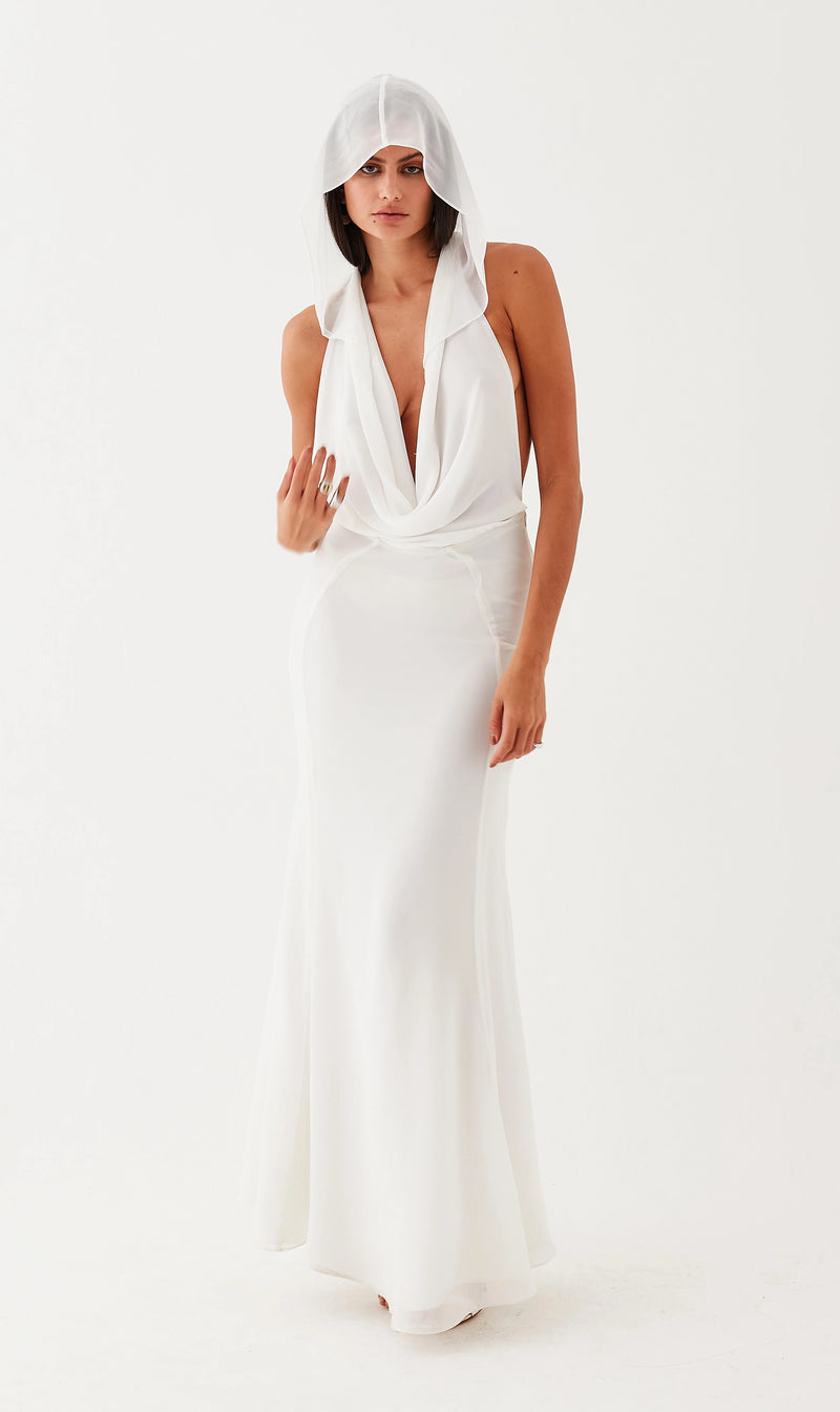 Backless Hooded Chiffon Maxi Dress