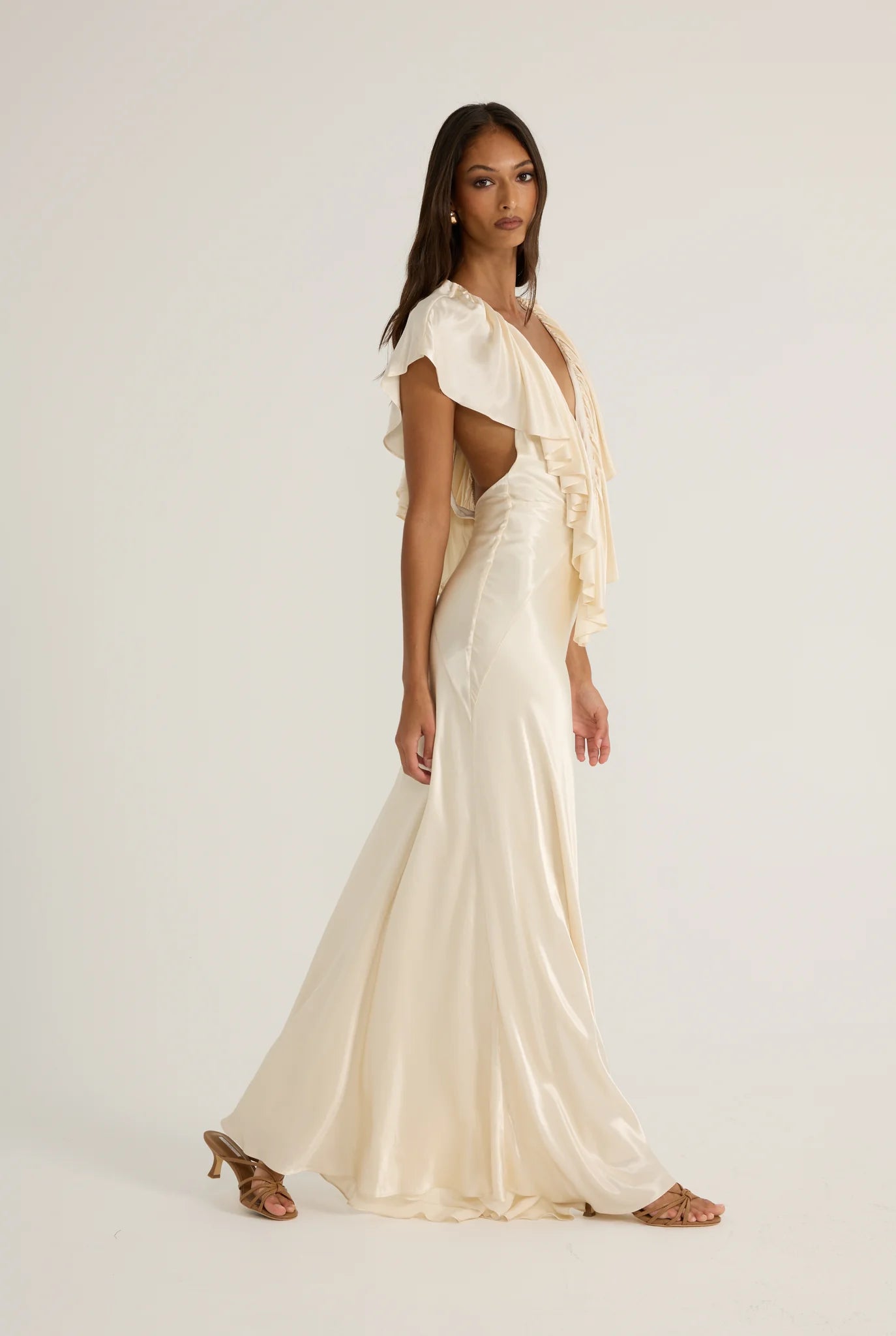 Deep-V Sleeveless Ruffle-Front Satin Maxi Dress