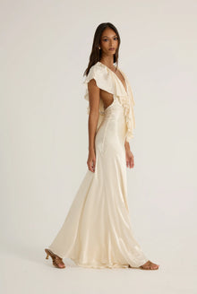 Deep-V Sleeveless Ruffle-Front Satin Maxi Dress